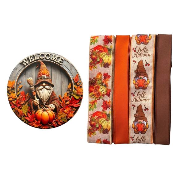 Welcome Fall Gnome Wreath Kit | Includes Sign & Autumn Ribbons | DIY Fall Decor - Picture 1 of 7